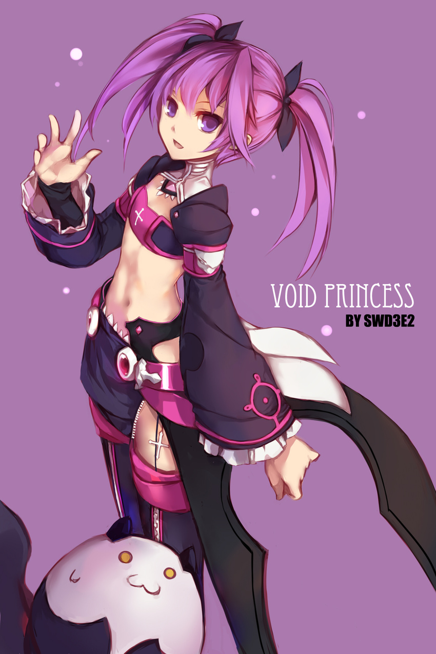 :3 aisha_(elsword) angkor_(elsword) artist_name bad_id bad_pixiv_id bandeau character_name creature cross elsword highres long_hair looking_at_viewer navel purple purple_background purple_eyes purple_hair purple_skirt purple_sleeves skirt smile solo swd3e2 thighhighs twintails void_princess_(elsword)