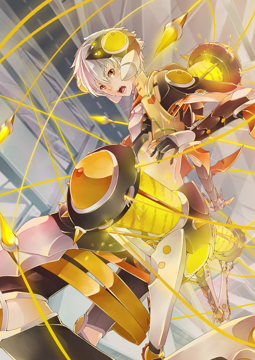 absurdres foreshortening gloves glowing hair_ornament highres looking_at_viewer looking_back original short_hair silver_hair sinlaire skirt solo yellow_eyes