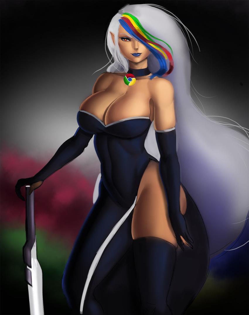 bare_shoulders black_dress black_gloves black_legwear blue_lipstick breasts choker cleavage dclzexon dress elbow_gloves eyeshadow gloves google_chrome hair_over_one_eye highres large_breasts lipstick long_hair makeup multicolored_hair no_panties personification pointy_ears red_eyes side_slit silver_hair solo strapless strapless_dress streaked_hair sword thighhighs very_long_hair weapon