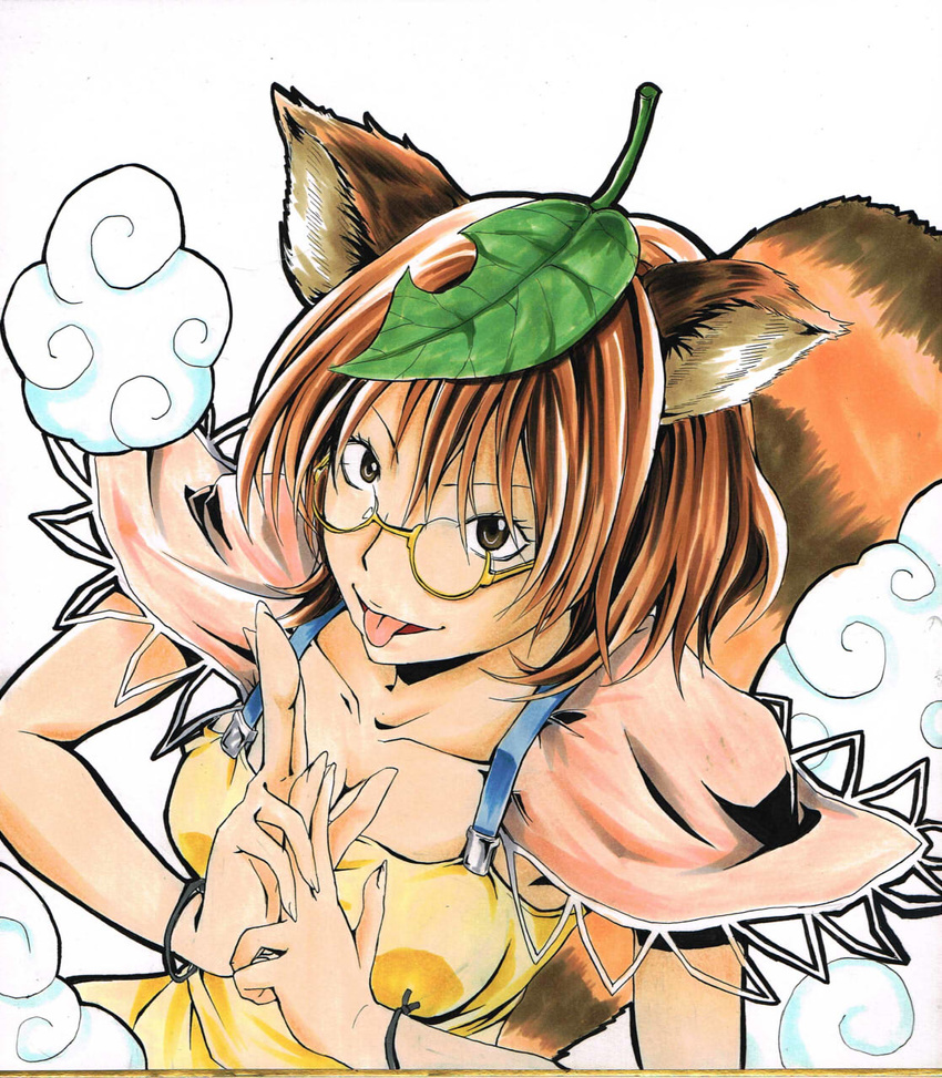 animal_ears breasts brown_hair cleavage futatsuiwa_mamizou glasses grey_eyes hands_together highres koji_(koji-a) leaf leaf_on_head looking_at_viewer looking_up medium_breasts raccoon_ears raccoon_tail shikishi smile tail tongue tongue_out touhou yellow yellow-framed_eyewear