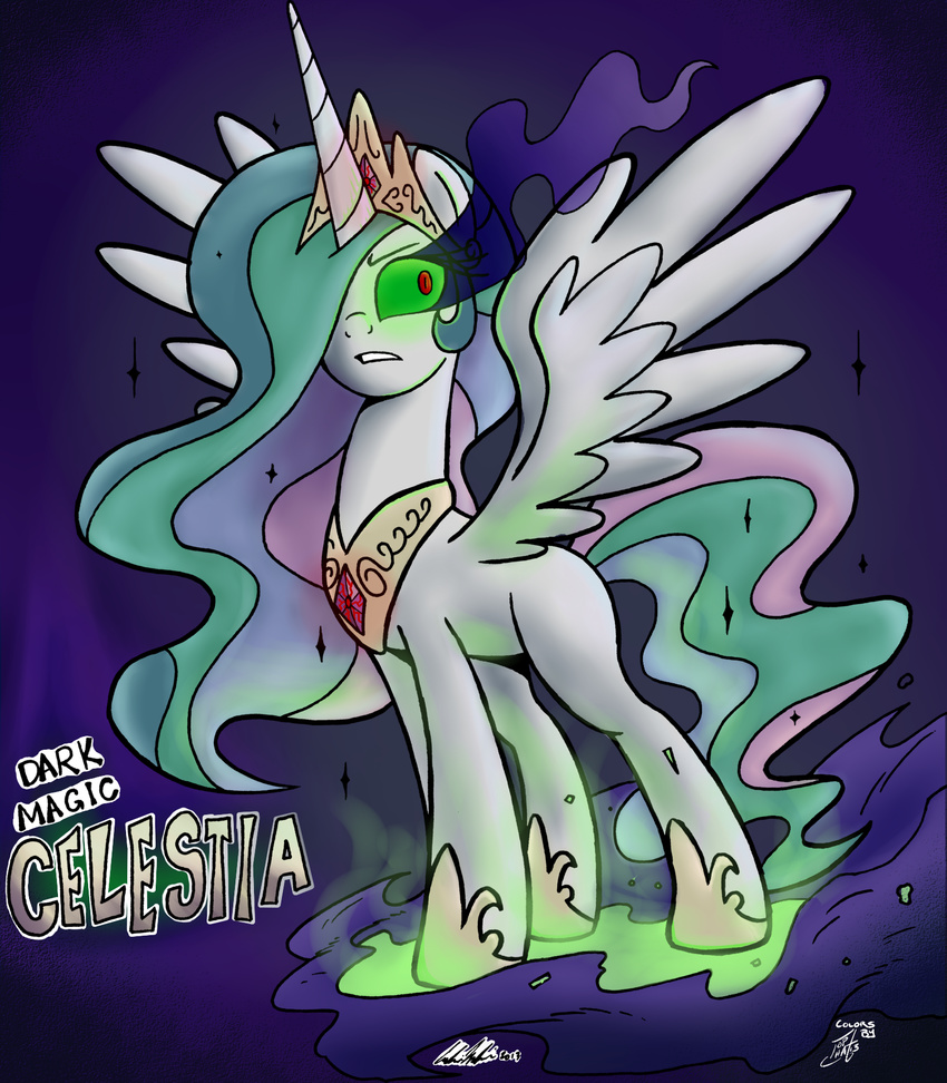 crown english_text equine eye_mist female feral friendship_is_magic frown fur green_eyes hair horn horse long_hair mammal multi-colored_hair my_little_pony open_mouth pony princess_celestia_(mlp) red_eyes redapropos royalty signature solo teeth text tlatophat white_fur winged_unicorn wings