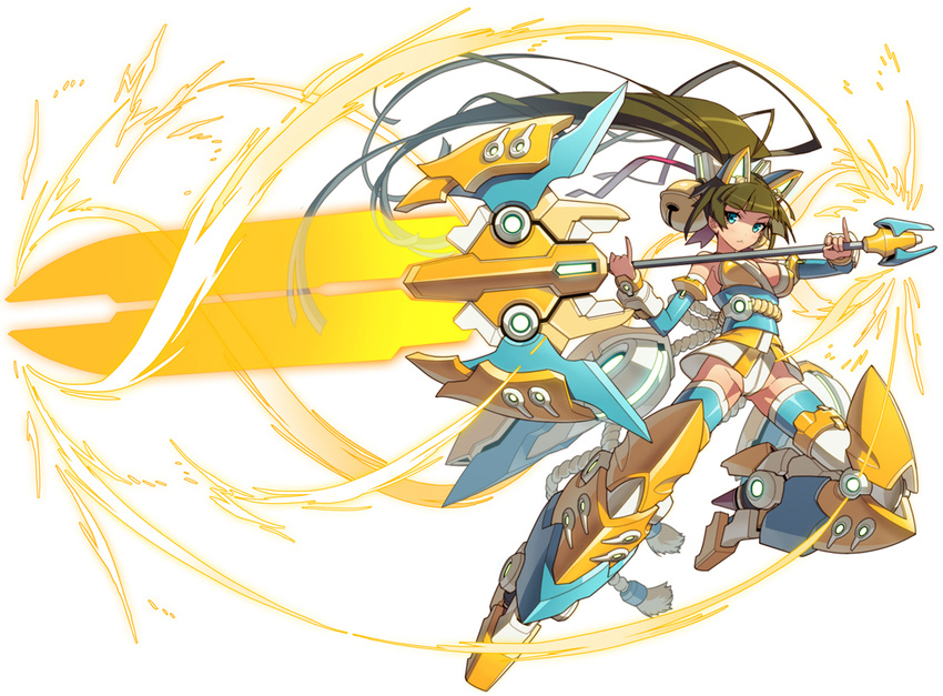 :&lt; animal_ears bare_shoulders bell blue_eyes breasts brown_hair cat_ears cleavage detached_leggings detached_sleeves energy_sword hair_ribbon japanese_clothes line_zeta long_hair mazingkaizer mecha_musume medium_breasts ponytail red_ribbon ribbon solo swinging sword weapon white_background