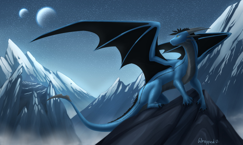 2019 black_hair blue_scales claws detailed_background dragon feral green_eyes hair membranous_wings scales scalie sky solo star starry_sky western_dragon wings wrappedvi