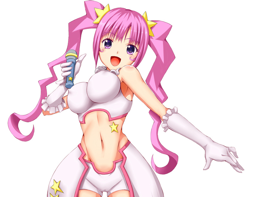 bad_id bad_pixiv_id breasts cameltoe choker covered_nipples crop_top elbow_gloves gloves gundam gundam_build_fighters highres impossible_clothes impossible_shirt kirara_(gundam_bf) large_breasts long_hair microphone midriff navel pink_eyes pink_hair rate_(happy_afternoon) shirt short_shorts shorts showgirl_skirt sleeveless smile solo twintails