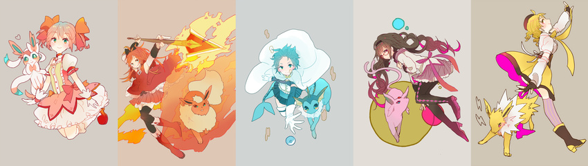 akemi_homura crossover espeon flareon jolteon kaname_madoka mahou_shoujo_madoka_magica miki_sayaka pekikokko pokemon sakura_kyouko sylveon tomoe_mami vaporeon