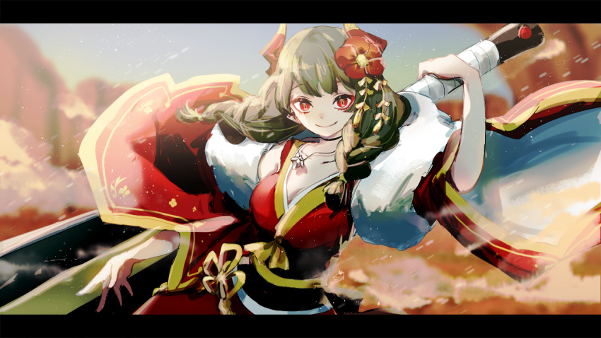 1girl blurry blurry_background braid breasts cake_mogo camellia cleavage closed_mouth collarbone detached_sleeves dragon_girl dragon_horns eyebrows_visible_through_hair flower holding holding_weapon horns jewelry lairei_yen lairei_yen_(fire) letterboxed looking_at_viewer lord_of_heroes medium_breasts medium_hair necklace outdoors red_eyes red_flower red_shirt shirt sleeveless sleeveless_shirt smile solo symbol-only_commentary weapon