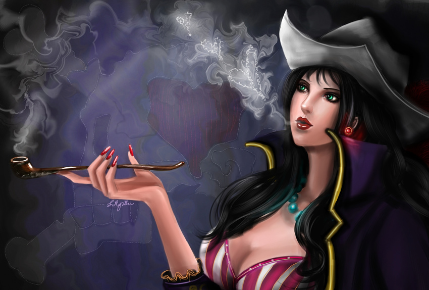 alvida bikini_top black_hair breasts cleavage close-up coat earrings green_eyes hat heart high_collar highres jewelry jolly_roger lilyzou lipstick long_hair makeup nail_polish necklace one_piece open_clothes open_coat pipe signature smoke smoking solo striped_bikini_top