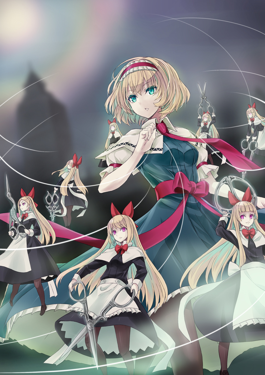absurdres alice_margatroid apron bad_id bad_pixiv_id blonde_hair blue_eyes bow capelet doll dress elizabeth_tower fog hair_bow hairband highres lolita_hairband long_hair looking_away pantyhose parted_lips puppet_strings red_eyes ribbon sash scissors short_hair solo sun tengye_zhuyin touhou tower waist_apron