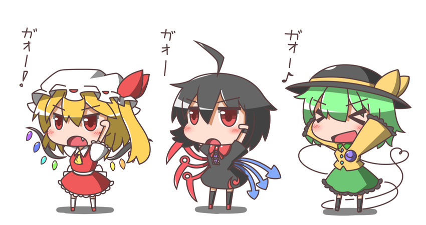 &gt;_&lt; ahoge arms_up asymmetrical_wings black_dress black_hair black_legwear blonde_hair blush bow chibi closed_eyes commentary dress fang feiton flandre_scarlet green_hair hat hat_ribbon heart heart_of_string highres houjuu_nue komeiji_koishi long_sleeves mob_cap multiple_girls open_mouth red_eyes ribbon sash shirt short_sleeves side_ponytail skirt stage_connection third_eye touhou translated wide_sleeves wings