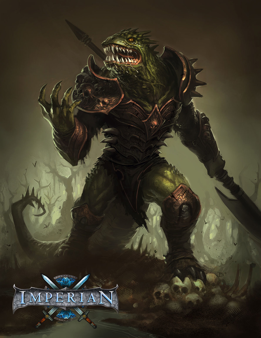 axe claws dark_background green_scales imperian iron_realms kohdon lizard logo long_tail looking_at_viewer male reptile reptilian saliva scales scalie skull snarling spiked_tail spikes standing swamp teeth unknown_artist watermark weapon yellow_eyes