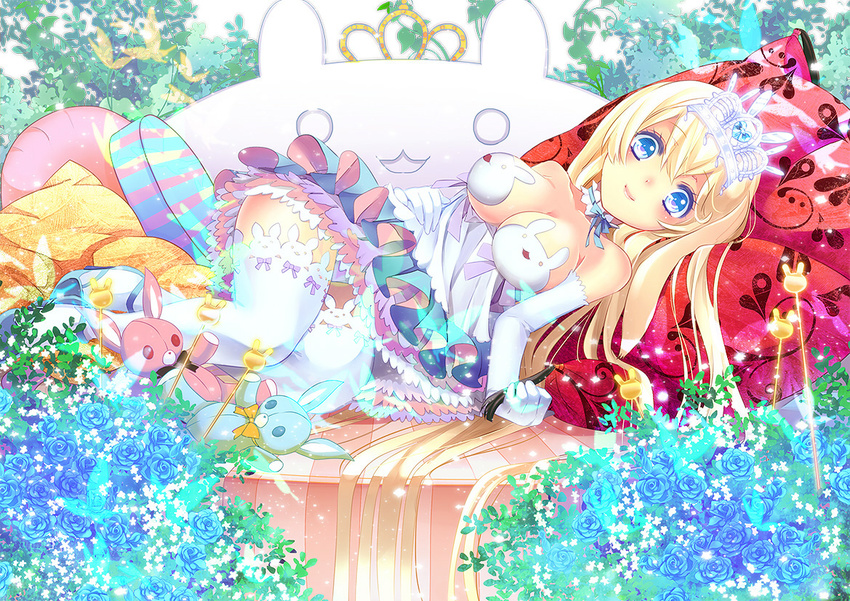 blonde_hair blue_eyes breasts bunny cleavage dress elbow_gloves flowers hira_taira long_hair original rose thighhighs tiara