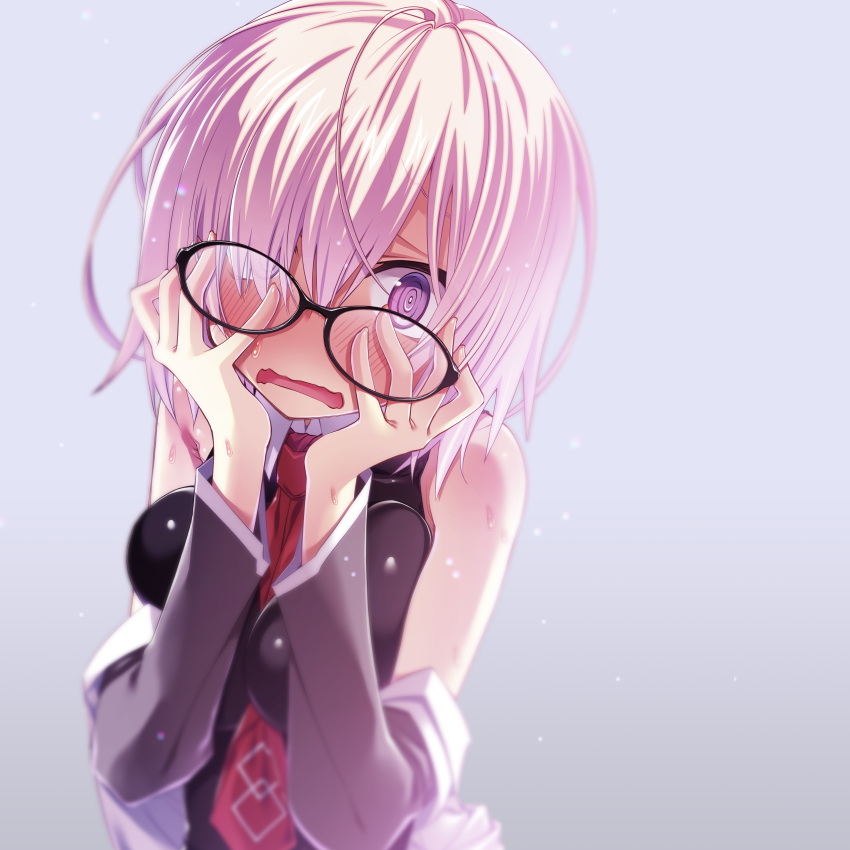 1girl absurdres ahoge black-framed_eyewear black_dress blurry blush breasts detached_sleeves dress fate/grand_order fate_(series) full-face_blush glasses grey_background hair_over_one_eye hands_on_own_face highres looking_at_viewer mash_kyrielight medium_breasts open_mouth pink_hair purple_eyes sakuya_tsuitachi short_hair sleeveless solo upper_body