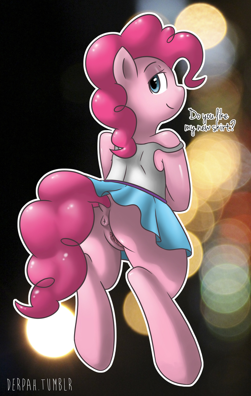 absurd_res anus blue_eyes butt derpah dialog dress english_text equine female feral friendship_is_magic fur hair half-closed_eyes hi_res horse looking_at_viewer mammal my_little_pony pink_fur pink_hair pinkie_pie_(mlp) pony pussy solo text