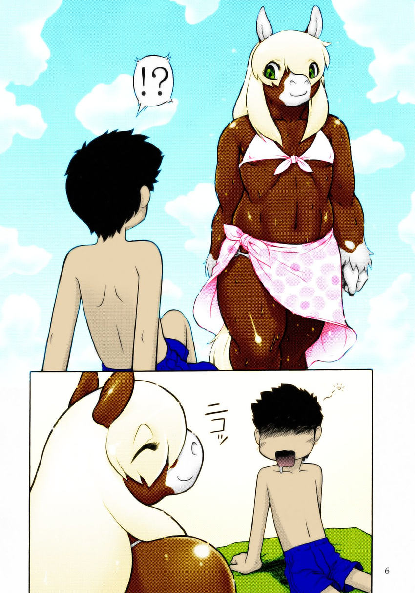 aoi_takayuki beach bikini blonde_hair butt chubby chubby_beach colored comic crossdressing dragonfur equine gay girly hair horse human male mammal muscles seaside swimsuit