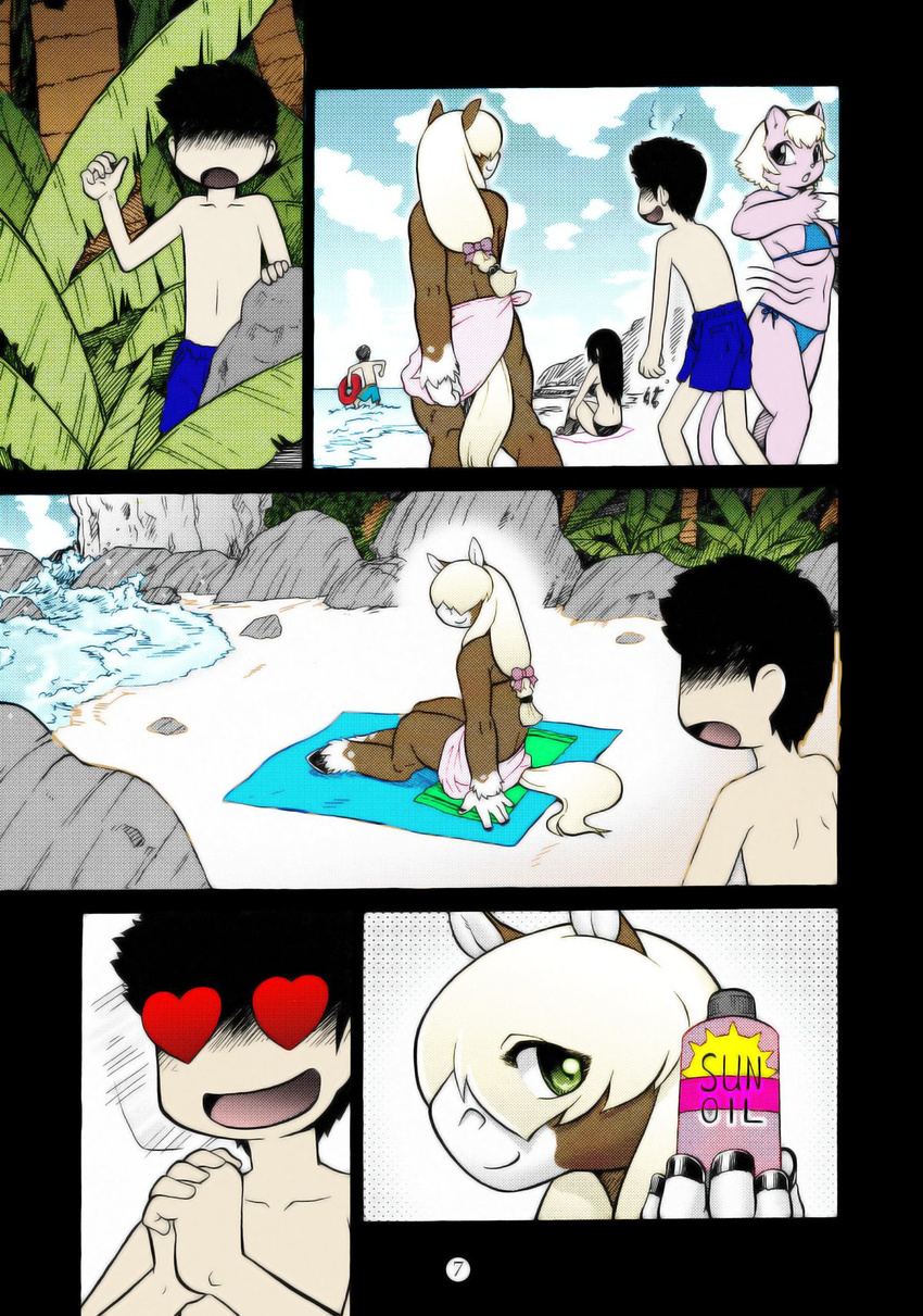 aoi_takayuki beach bikini blonde_hair breasts butt chubby chubby_beach colored comic crossdressing dragonfur equine feline female gay girly hair horse human male mammal muscles seaside swimsuit