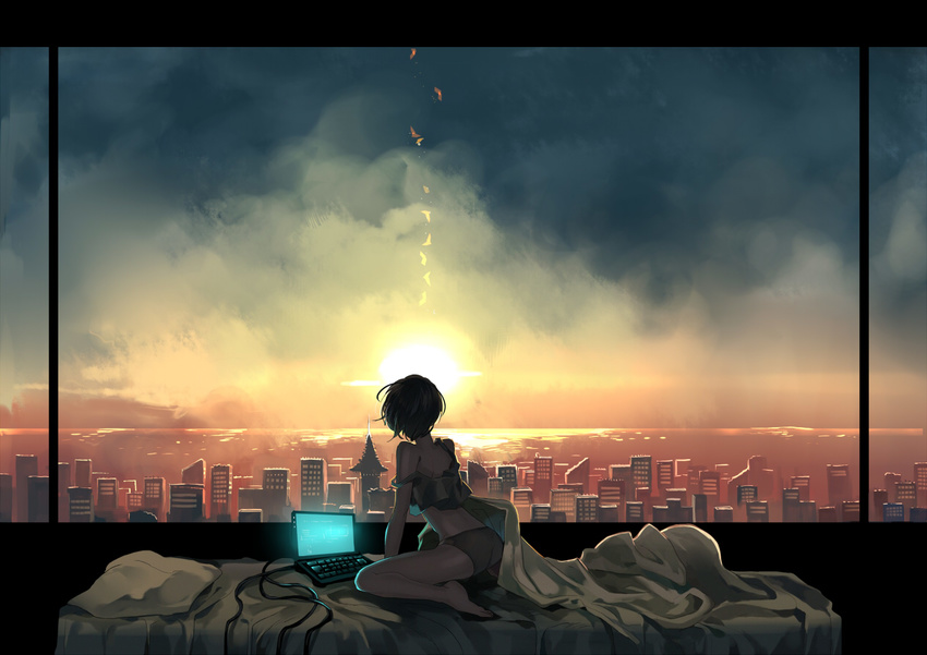 arm_support back backlighting barefoot bed bed_sheet bedroom blue_sky brown_hair building camisole city cloud computer facing_away from_behind horizon indoors kneeling kyouichi laptop legs ocean on_bed original panties pillow reflection scenery short_hair sitting sky skyline skyscraper solo strap_slip sun sunrise sunset thighs underwear underwear_only wallpaper wariza water