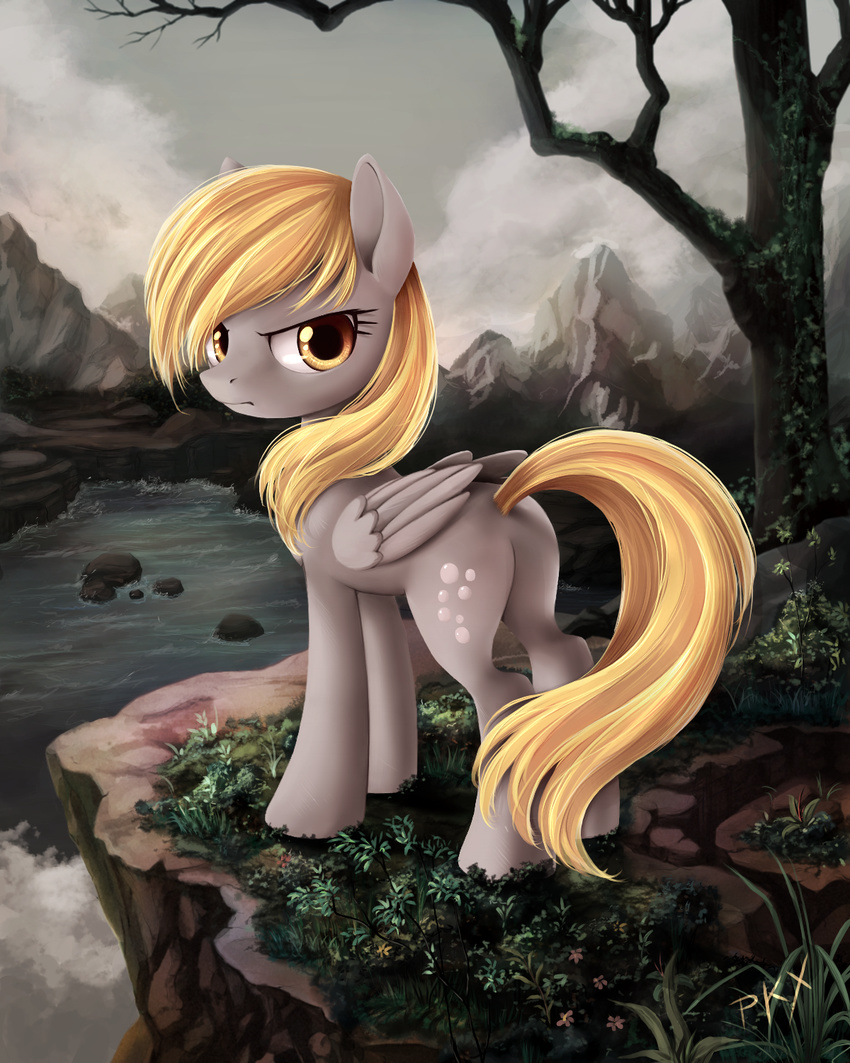 artist_request bangs bubble cliff cloud cutie_mark derpy_hooves grass highres looking_at_viewer mountain my_little_pony my_little_pony_friendship_is_magic nature no_humans pegasus pony rock sidelocks sky solo water waterfall