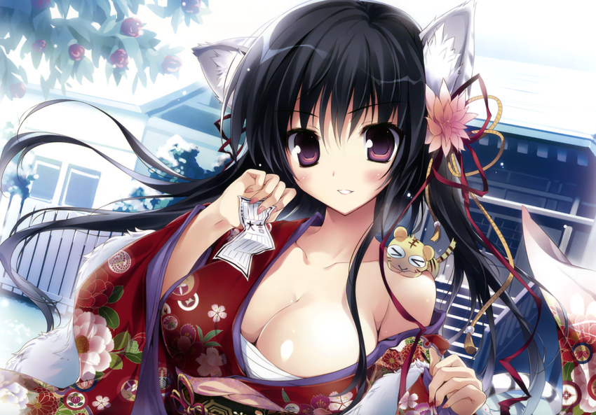 &gt;_&lt; animal_ears black_hair blush breasts cat_ears cleavage closed_eyes floral_print highres horns japanese_clothes karory kimono kotora_(toranoana) large_breasts looking_at_viewer nail off_shoulder omikuji open_clothes open_kimono purple_eyes sarashi shrine smile tiger toranoana underbust
