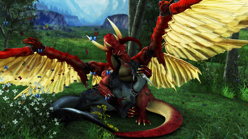 ambiguous_gender arthropod butterfly caress cgi cute dragon duo eyes_closed flower hi_res holding holding_head insect kissing love outside quintara red_dragon redburne romantic scalie tender twylyght wings
