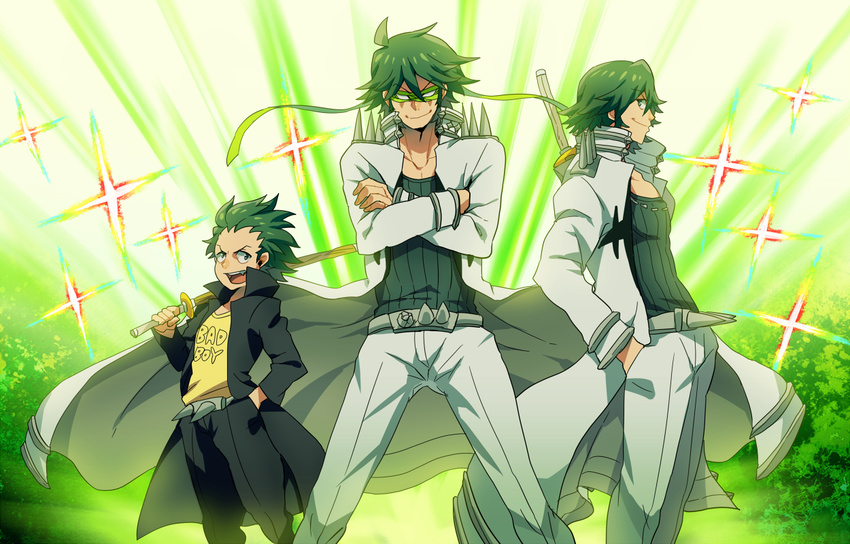 crossed_arms green_hair hand_in_pocket kill_la_kill long_coat male_focus mask multiple_boys multiple_persona sanageyama_uzu shinai shinonoko_(tubamecider) smile spikes spoilers sword time_paradox weapon younger