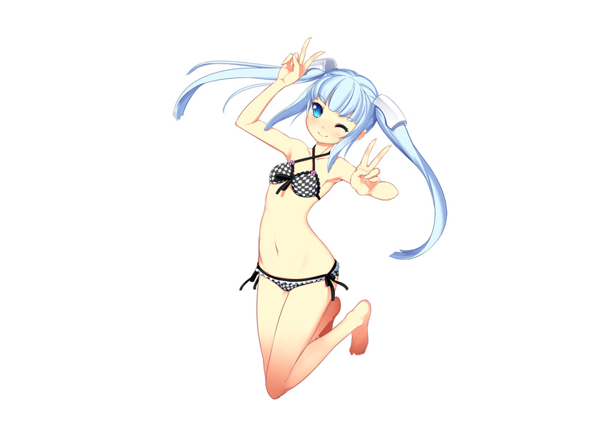 aoi_tsunami barefoot blue_eyes blue_hair miss_monochrome swimsuit twintails white