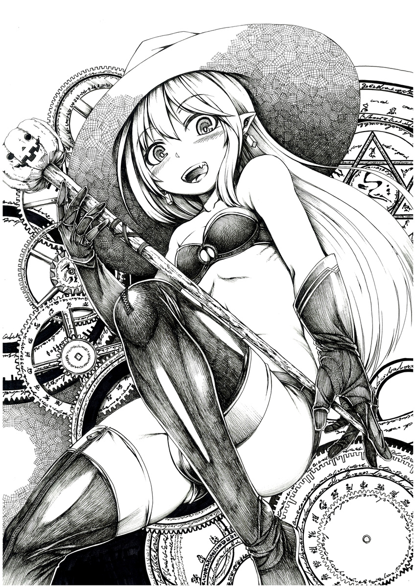 absurdres bandeau earrings elbow_gloves fangs gears gloves harigane_shinshi hat highres jack-o'-lantern jewelry long_hair millipen_(medium) monochrome original pointy_ears solo staff thighhighs traditional_media witch_hat