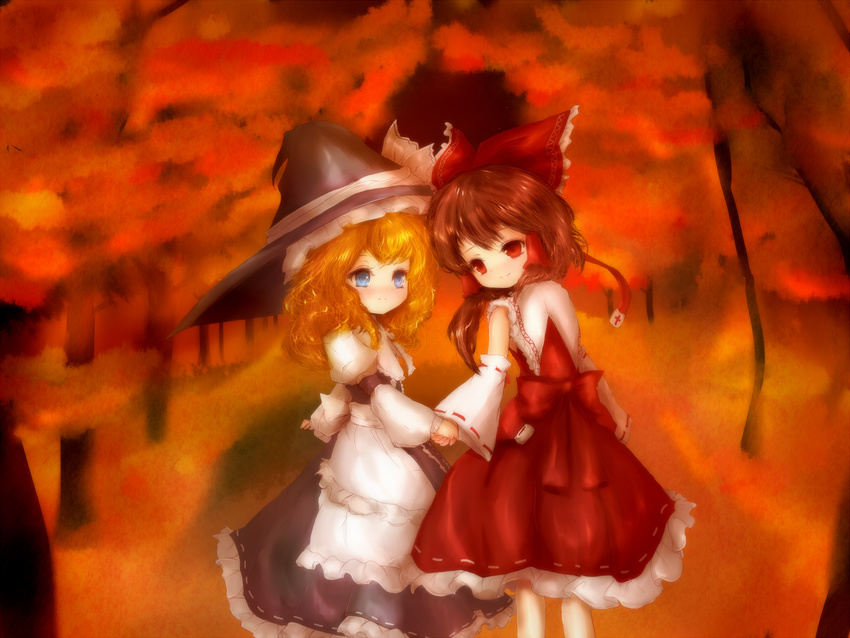 amanojaku apron autumn bad_id bad_pixiv_id black_dress blonde_hair blue_eyes blush bow brown_hair capelet cookie_(touhou) detached_sleeves dress forest hair_bow hair_ornament hakurei_reimu hat hat_bow holding_hands juliet_sleeves kirisame_marisa long_sleeves multiple_girls nature puffy_sleeves red_dress red_eyes sash smile touhou waist_apron wide_sleeves witch_hat yuri