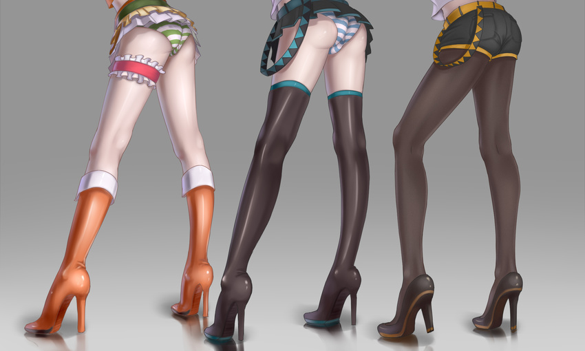 ass boots gumi hatsune_miku kagamine_rin panties pantyhose shorts striped_panties thighhighs underwear vocaloid wei_ji