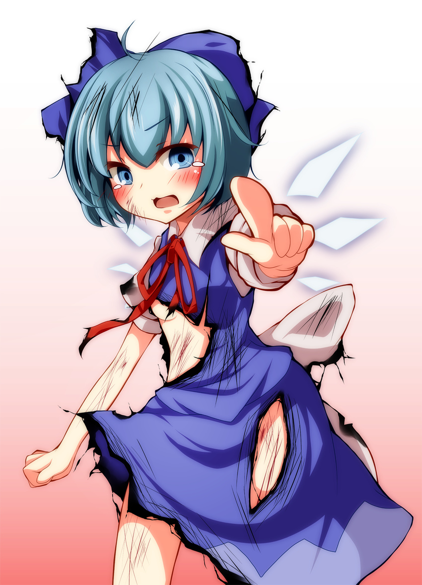 bad_id bad_pixiv_id blue_eyes blue_hair bruise cirno colorized highres injury kousui_kakuritsu_30_percent open_mouth s-syogo short_hair solo torn_clothes touhou wings