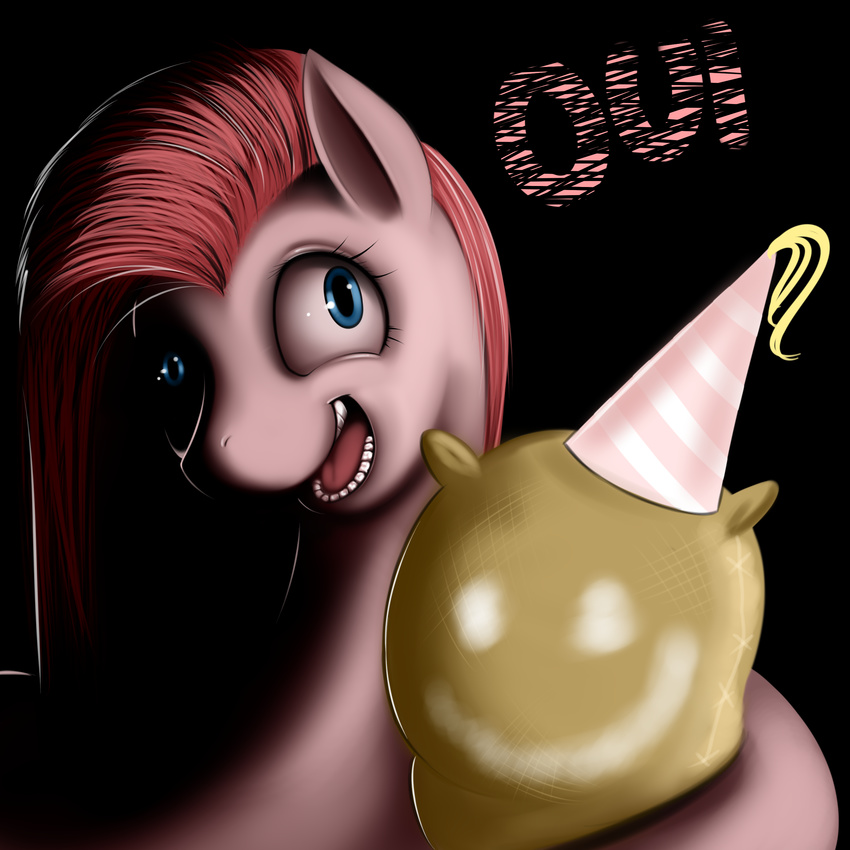 black_background blue_eyes creepy dark derp_eyes equine female flower french french_text friendship_is_magic hair hat horse kloudmutt madame_le_flour_(mlp) madame_le_floure_(mlp) mammal my_little_pony open_mouth party_hat pink_hair pinkamena_(mlp) pinkie_pie_(mlp) plain_background pony smile solo text