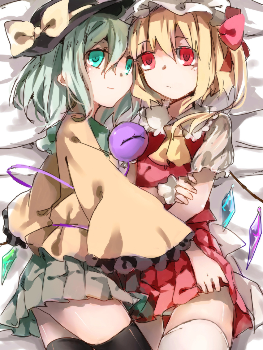 absurdres ascot bad_id bad_pixiv_id bed black_legwear blonde_hair crystal eyeball flandre_scarlet green_eyes green_hair hand_under_clothes hand_under_skirt hat hat_ribbon highres komeiji_koishi long_sleeves looking_at_viewer lying mob_cap multiple_girls on_back on_bed on_side outstretched_arms ponytail puffy_sleeves red_(girllove) red_eyes ribbon shirt short_hair short_sleeves side_ponytail sketch skirt skirt_set smile string thighhighs third_eye touhou vest white_legwear white_shirt wide_sleeves wings wrist_cuffs yuri zettai_ryouiki