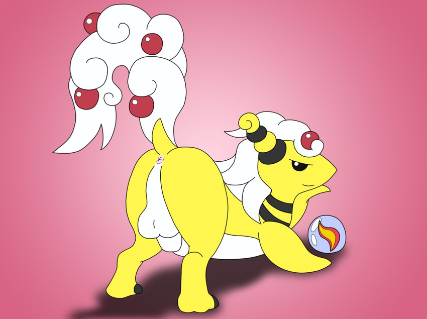 anus ass_up balls barefoot black_eyes butt dragon feral graedius hair happy hi_res long_hair looking_at_viewer looking_back male marble mega_ampharos mega_evolution nintendo nude orb penis pink_background plain_background pok&#233;mon pok&eacute;mon raised_arm smile solo video_games white_hair