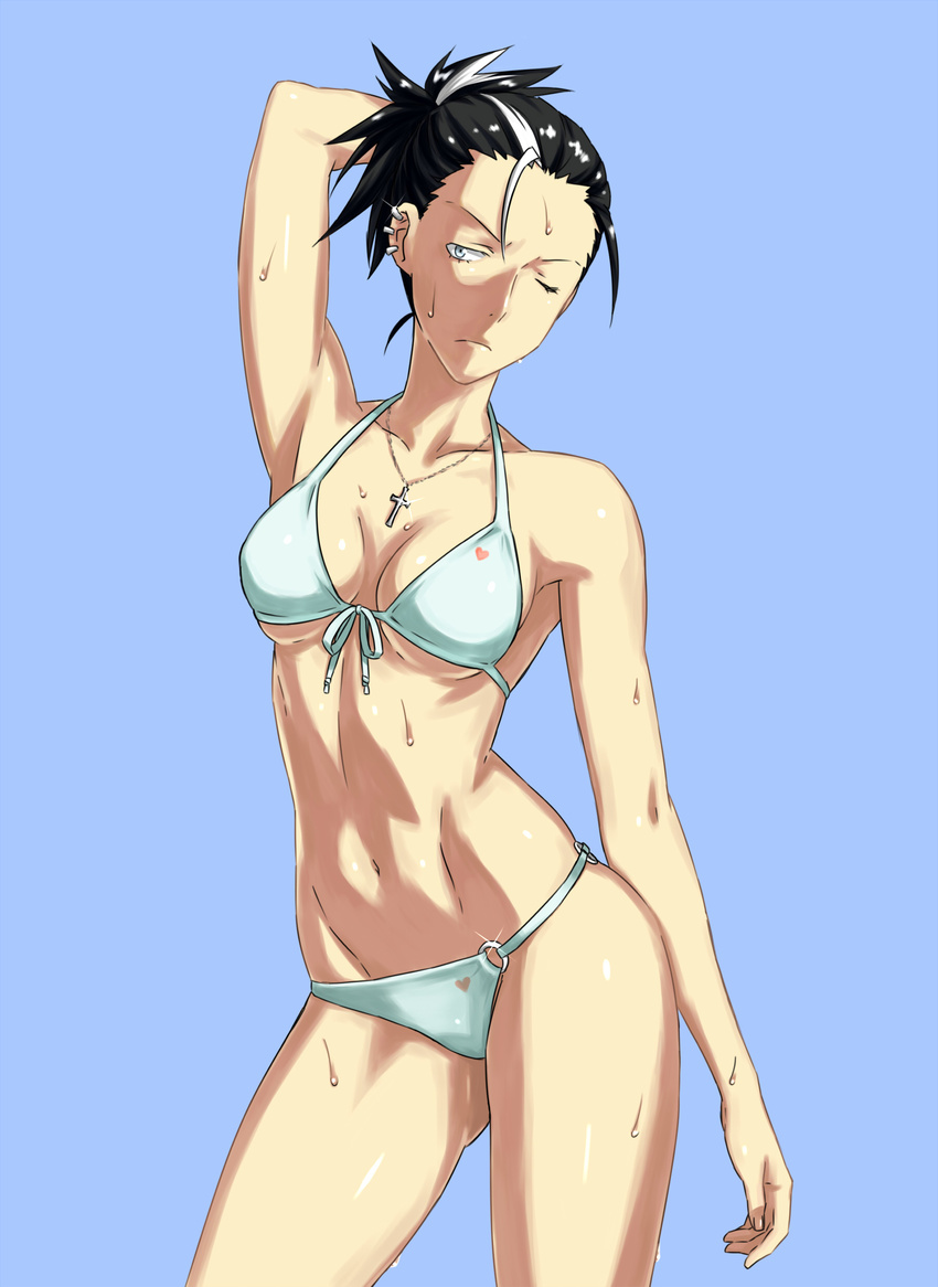 absurdres arm_behind_head arm_up ass_visible_through_thighs bad_id bad_pixiv_id bikini black_hair black_hood blue_background blue_eyes breasts cowboy_shot cross cross_necklace earrings front-tie_top highres jewelry kamezaemon medium_breasts multicolored_hair navel necklace one_eye_closed original simple_background solo streaked_hair sweat swimsuit two-tone_hair underboob white_bikini white_hair