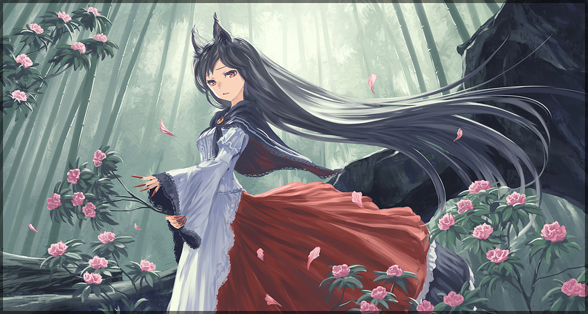 animal_ears bamboo bamboo_forest black_hair border brown_eyes capelet dress embellished_costume fingernails flower forest imaizumi_kagerou long_fingernails long_hair nail_polish nature open_mouth petals red_eyes red_nails touhou very_long_hair wide_sleeves wolf_ears yamamomo_(plank)