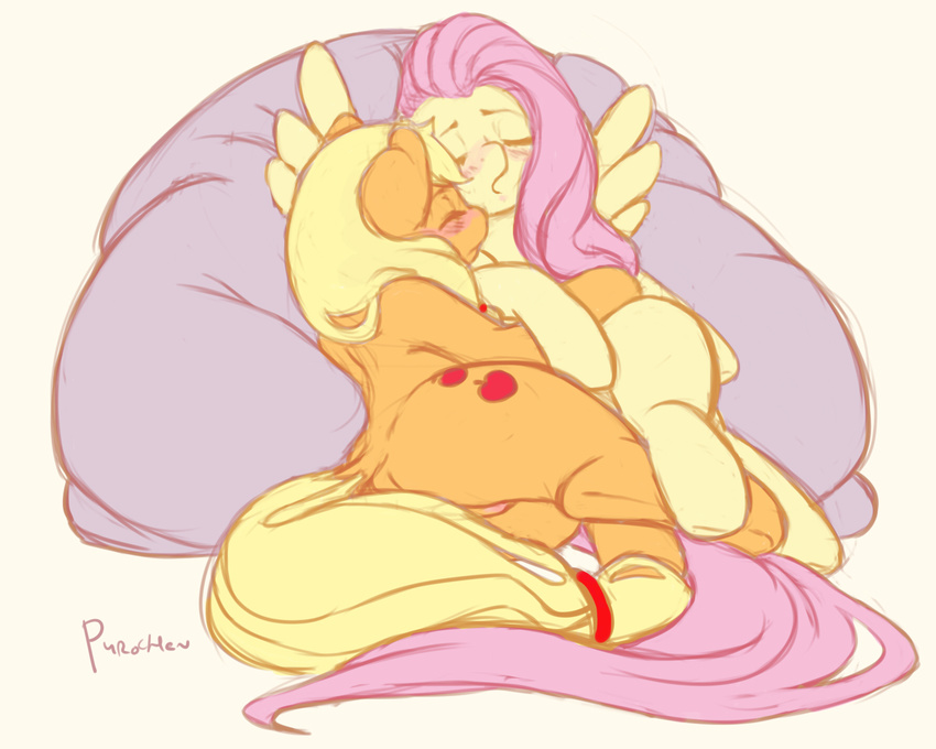 blonde_hair blush butt cutie_mark equine female feral fluttershy_(mlp) friendship_is_magic fur hair horse long_hair mammal my_little_pony orange_fur pegasus pillow pink_hair plain_background pony purochen pussy signature sleeping white_background wings yellow_fur