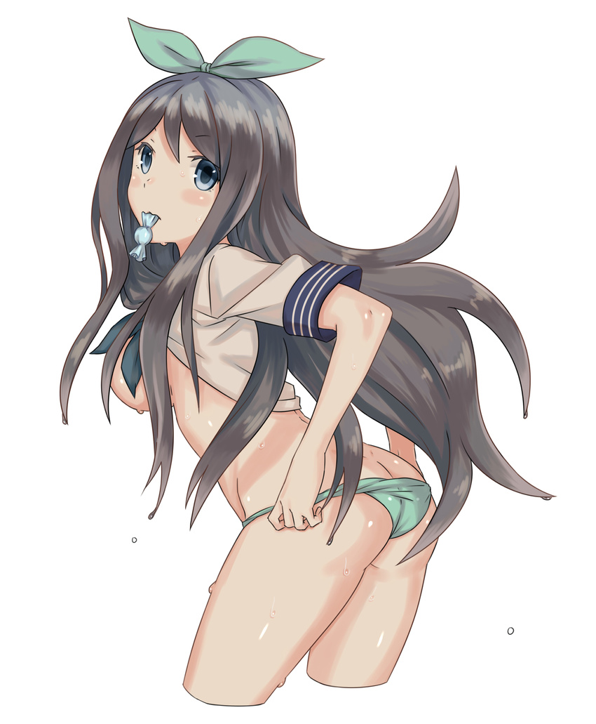 ass black_hair blue_eyes blush borrowed_character bow breasts butt_crack cowboy_shot cropped_legs hair_bow highres kamezaemon long_hair medium_breasts mouth_hold no_pants original panties panty_pull sideboob solo underwear very_long_hair wet white_background wrapped_candy