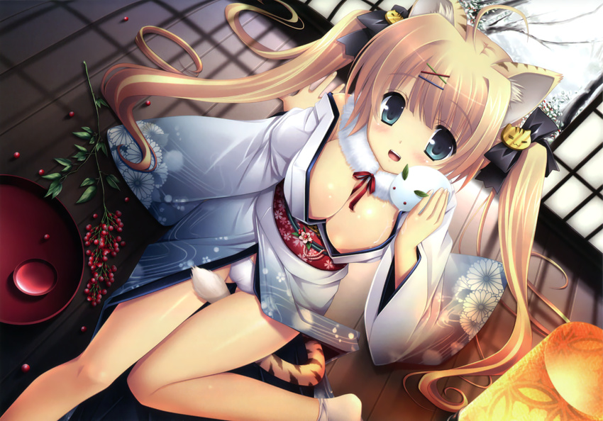 :d animal_ears between_legs blonde_hair blue_eyes breasts cat_hair_ornament cleavage dutch_angle hair_ornament highres ikegami_akane japanese_clothes kimono large_breasts long_hair open_mouth panties sliding_doors smile snow_bunny solo tail tail_between_legs tiger_ears tiger_tail toranoana twintails underwear very_long_hair white_panties wooden_floor