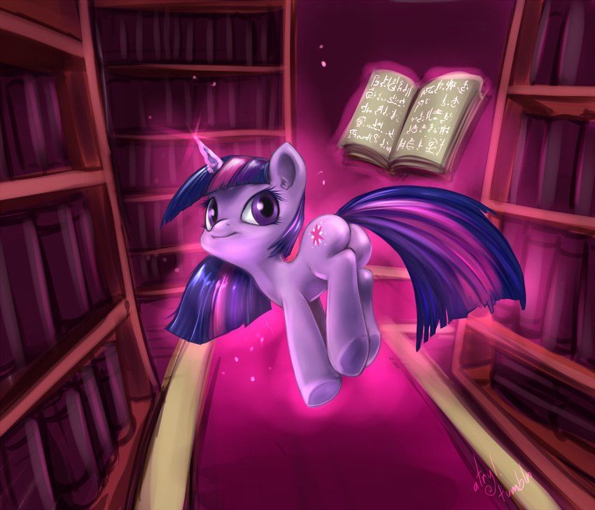 back_turned book butt carpet cutie_mark equine female feral floating friendship_is_magic from_behind fur hair horn horse library looking_at_viewer magic mammal my_little_pony pony purple_eyes purple_fur purple_hair signature smile solo twilight_sparkle_(mlp) two_tone_hair unicorn