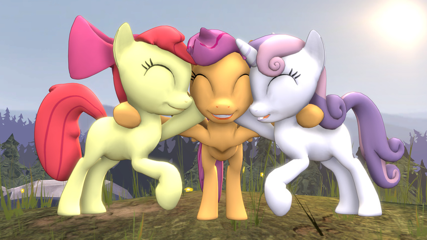 3d apple_bloom_(mlp) cub cute cutie_mark_crusaders_(mlp) equine eyes_closed female feral friendship_is_magic group hair horn horse hug mammal my_little_pony mynokiarules pegasus pony purple_hair red_hair scootaloo_(mlp) smile sweetie_belle_(mlp) two_tone_hair unicorn wings young