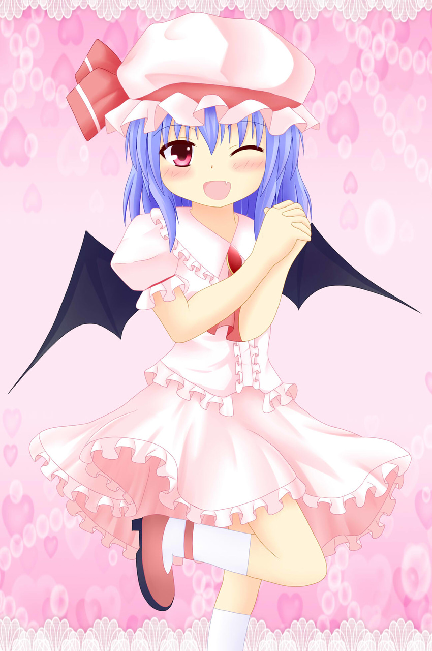 ankle_ribbon bad_id bad_pixiv_id bat_wings blue_hair blush brooch bubble fang frills hands_clasped hat hat_ribbon heart highres idatenmaru interlocked_fingers jewelry kneehighs lace_border looking_at_viewer mob_cap one_eye_closed open_mouth own_hands_together pink_background puffy_short_sleeves puffy_sleeves red_eyes remilia_scarlet ribbon short_hair short_sleeves skirt skirt_set solo standing standing_on_one_leg touhou wings