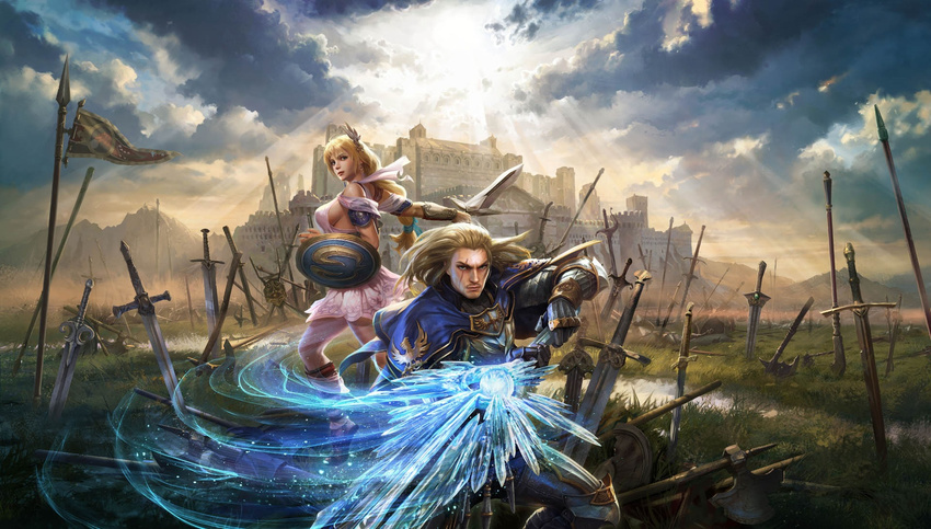 1girl 3d blonde_hair breasts castle gladiator_sandals highres large_breasts namco official_art siegfried_schtauffen sophitia_alexandra soul_calibur sword weapon