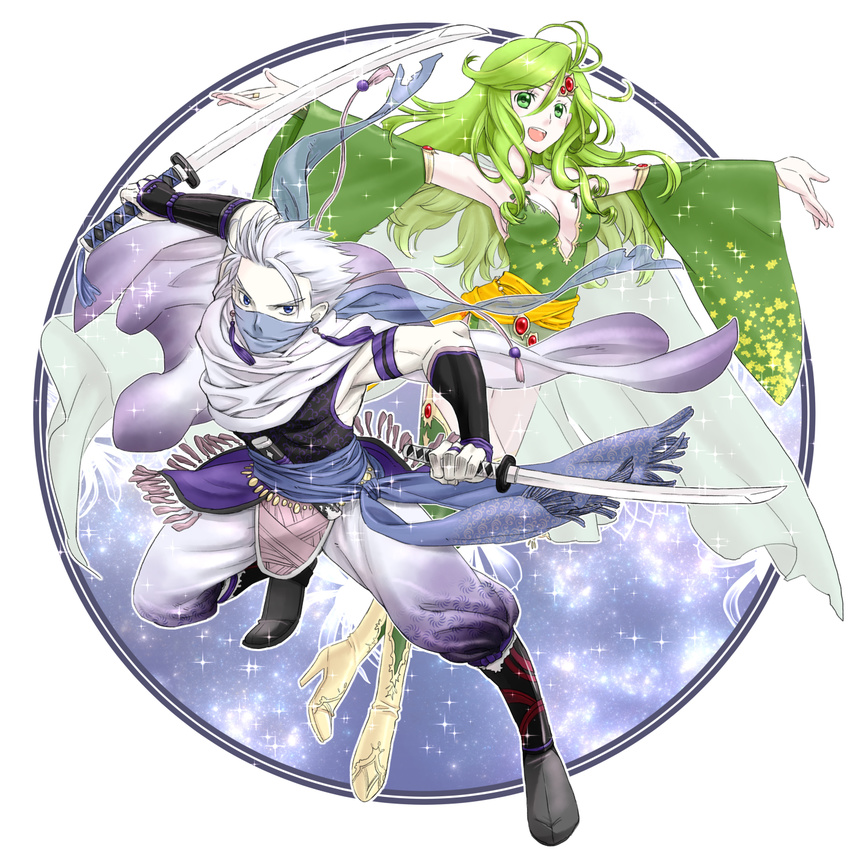 1girl akizuki_wataru bare_shoulders blue_eyes breasts bridal_gauntlets circlet cleavage detached_sleeves dual_wielding edward_geraldine final_fantasy final_fantasy_iv green_eyes green_hair highres holding large_breasts long_hair mask ninja ninja_(final_fantasy) rydia scarf sword weapon white_hair