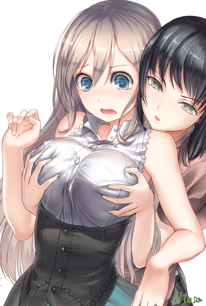 artist_name black_hair blue_eyes blush breast_grab breasts brown_eyes brown_hair buttons collarbone corset grabbing grabbing_from_behind highres iltusa large_breasts long_hair multiple_girls open_mouth original simple_background sleeveless white_background yuri