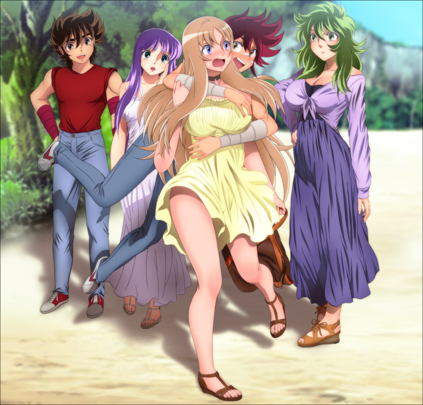 2boys 3girls absurdres aquila_yuna athena black_eyes blonde_hair blue_eyes blush breast_grab breasts brown_eyes brown_hair cleavage denim dress everyone feet grabbing green_eyes green_hair group hand_on_hip happy highres hug jeans kido_saori large_breasts legs long_hair multiple_boys multiple_girls open_mouth ophiuchus_shaina pants pegasus_koga pegasus_seiya purple_hair red_hair saint_seiya saint_seiya_omega sandals shadow shoes short_hair smile standing thighs toes tree trees wavy_hair yadokari_genpachirou