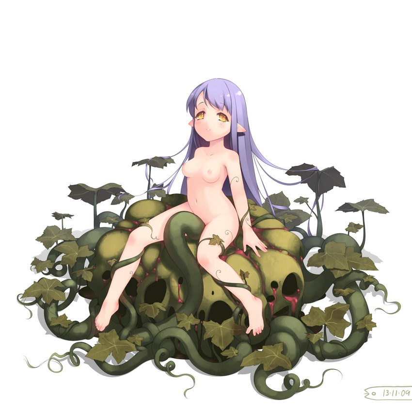 bad_id bad_pixiv_id barefoot blush breasts full_body hebinui highres long_hair medium_breasts navel nipples nude original plant pointy_ears purple_hair simple_background sitting solo vines white_background yellow_eyes