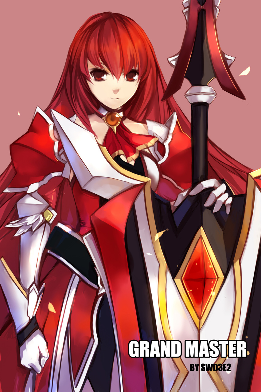 armor armored_dress artist_name bad_id bad_pixiv_id elesis_(elsword) elsword gloves grand_master_(elsword) highres huge_weapon long_hair neckerchief pink_background red_eyes red_hair solo swd3e2 sword weapon