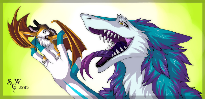 blue_fur blue_furr cyan_fur forked_tongue fur gradient_background green_background hi_res kymimary long_tongue open_mouth plain_background sergal sharp_teeth silvergrin size_difference teeth tongue tongue_out vorarephilia vore white_fur winged_arms wings yellow_eyes yellow_fur