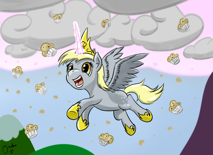 blonde_hair cloud crown cutie_mark derpy_hooves_(mlp) equine female feral flying food friendship_is_magic fur glowing grey_fur hair horn horse long_hair magic mammal muffin my_little_pony open_mouth osakaoji outside pony princess rain royalty signature smile solo teeth tongue winged_unicorn wings yellow_eyes
