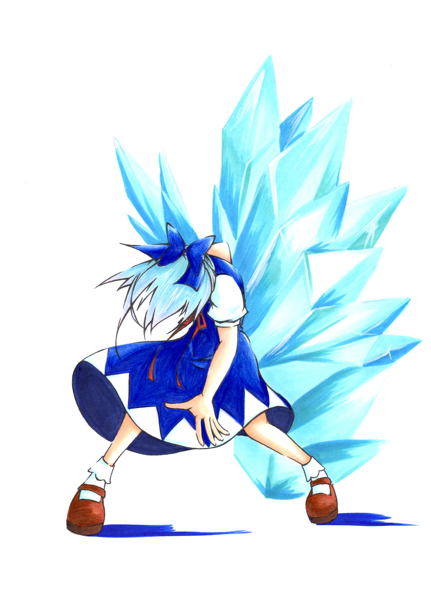absurdres blazblue blue_hair bow cirno dress highres ice jin_kisaragi power_connection solo touhou traditional_media