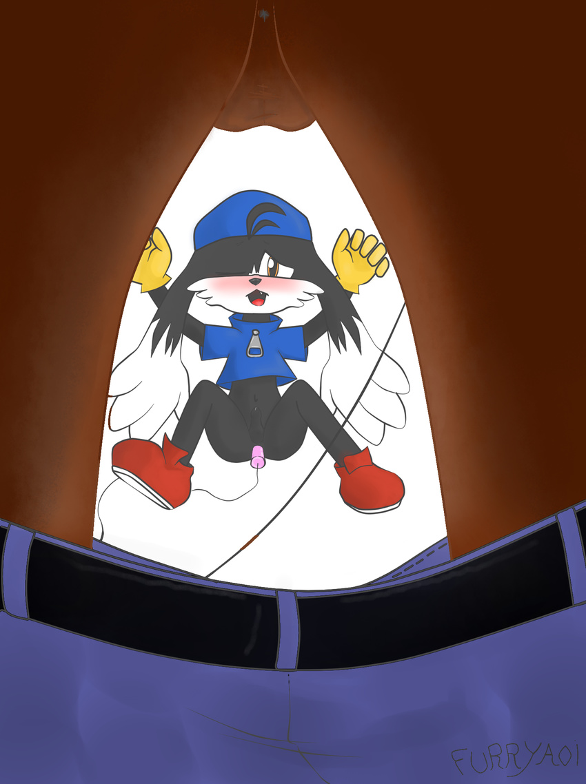 anal_insertion anal_penetration balls black_fur blush bottomless brown_fur feline from_behind fur furryaoi gloves hat insertion klonoa klonoa_(series) male mammal nude one_eye_closed penetration penis plain_background raised_arm sex_toy shoes toy vibrator white_background